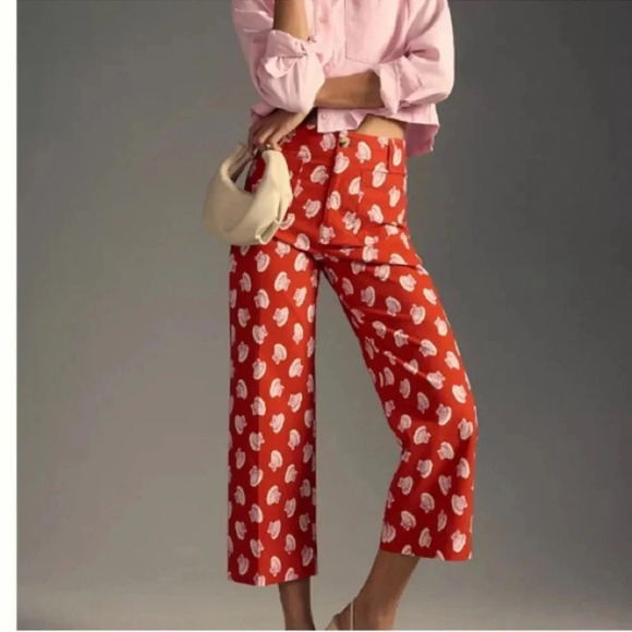 Anthropologie Maeve Colette Wide Leg Cropped Pants Seashell Beach Red - Picture 1 of 14